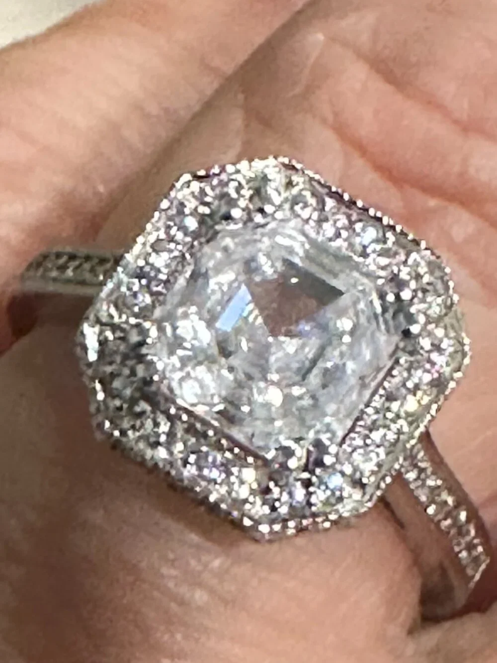 14K White Gold Square Step-Cut CZ Cushion Halo Ring Sz 6.75